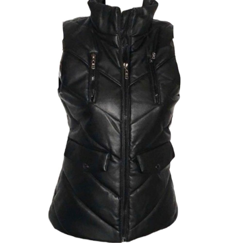 Yaso Black Faux Leather Puffer Vest Size Large - Picture 2 of 15
